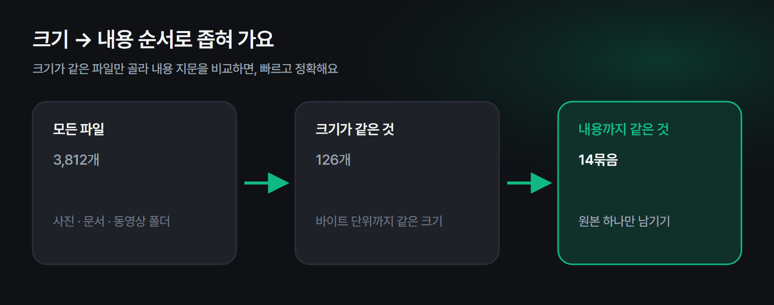 이름이 아니라 크기와 내용 해시로 같은 파일을 묶는 과정