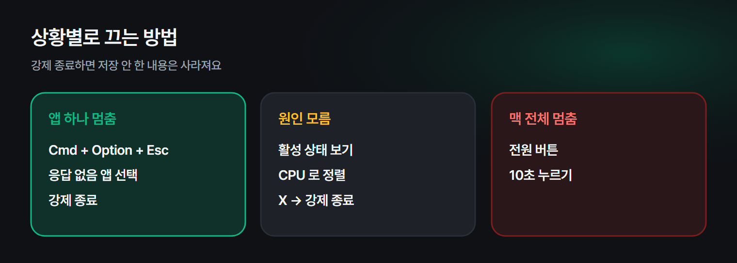 맥에서 멈춘 앱을 끄는 방법