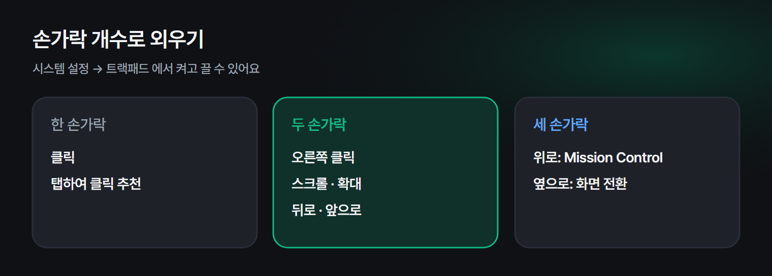 손가락 개수별 트랙패드 제스처