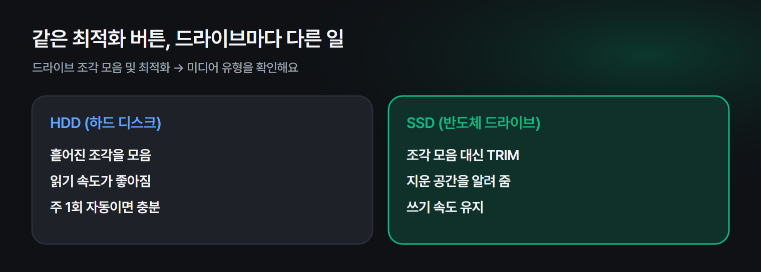 HDD와 SSD에서 윈도우 드라이브 최적화가 각각 하는 일