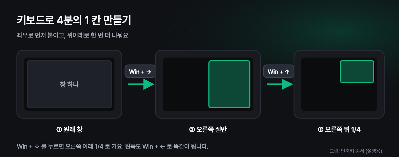Win + 오른쪽 방향키로 오른쪽 절반에 붙이고, 이어서 Win + 위쪽 방향키로 오른쪽 위 4분의 1로 줄이는 순서